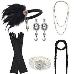 DRESHOW Damen 1920er Accessoires Set Flapper Kostüm Gatsby Feder Lange Halskette Handschuhe Stirnband Funkelnde Ohrringe von DRESHOW