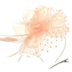 DRESHOW Fascinators Hut Blume Mesh Bänder Federn auf einem Stirnband und einem geteilten Clip Cocktail Tea Party Headwear für Mädchen und Frauen, - Lachs - Gr. Einheitsgröße von DRESHOW