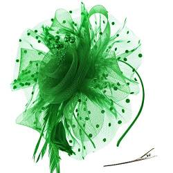 DRESHOW Fascinators Hut Blume Mesh Bänder Federn auf einem Stirnband und einem geteilten Clip Cocktail Tea Party Headwear für Mädchen und Frauen,Grun,Einheitsgröße von DRESHOW