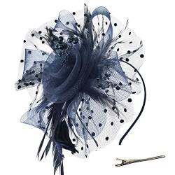 DRESHOW Fascinators Hut Blume Mesh Bänder Federn auf einem Stirnband und einem geteilten Clip Cocktail Tea Party Headwear für Mädchen und Frauen,Navy,Einheitsgröße von DRESHOW