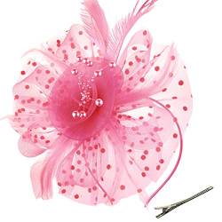 DRESHOW Fascinators Hut Blume Mesh Bänder Federn auf einem Stirnband und einem geteilten Clip Cocktail Tea Party Headwear für Mädchen und Frauen,Rosa,Einheitsgröße von DRESHOW