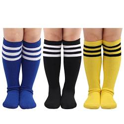DRESHOW Kinder Kleinkind Fußball Socken Gestreift Knie hohe Baumwolle Socken Uniform Sport Lange Rohr Socken für Jungen Mädchen Kind von DRESHOW