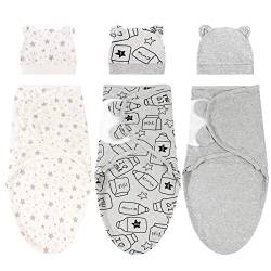 DRESHOW Newborn Swaddle Decke Hut Set Baby Gedruckt Swaddles Säugling Einstellbar Schlafsack für 0-3 Monate Mädchen Jungen von DRESHOW