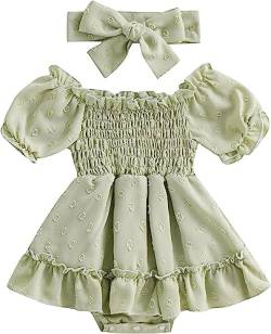 DRESHOW Säugling Baby Mädchen Strampler Kleid Punktmuster Kurzarm Rüschen Jumpsuits Röcke Saum Bodysuits mit Stirnband von DRESHOW