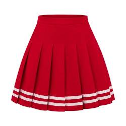 DRESS NICES Damen Faltenrock A-Linie Kurz Mini Basic Rock Schuluniform Cheerleader Röcke Skater Rock, Roter weißer Streifen, Klein von DRESS NICES