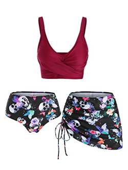DRESSFO Damen-Bikini-Sets mit hoher Taille, mit Überziehrock, 3-teilig, Gothic-Totenkopf-Badeanzug, gepolstert, Bauchkontrolle, Badeanzug, Tiefrot_1, XX-Large von DRESSFO