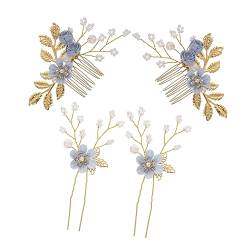 DRESSOOS Braut Haarspange 4 Stück Haarschmuck Mit Blauen Blumen Hochzeitskleid Braut Perle Zubehör Perlen-Haarspange von DRESSOOS