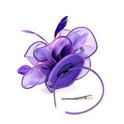 DRESSOOS Haarschmuck für Damen Hochzeitsgast Fascinator Damen-Fascinatoren Hüte Kleider Organza-Handband Haar Accessoires Abschlussball Kleidung Haarnadel Haarteil Braut Stirnband Violett von DRESSOOS