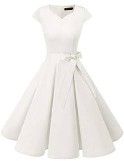 DRESSTELLS 60er Jahre Kleider, Damen Hochzeitskleider Wedding Dress Vintage Retro Cap Sleeves Rockabilly Kleider Hepburn Stil Cocktailkleider White XL von DRESSTELLS