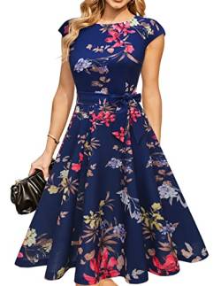 DRESSTELLS Damen 1950er Vintage Retro Rockabilly Audrey Hepburn Kleid Damen Elegant Hochzeit Cocktailkleid Navy Flower 3XL von DRESSTELLS