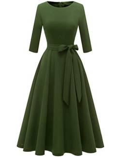 DRESSTELLS Damen 1950s Retro Vintage Rockabilly Kleid Festliches Partykleider Knielang 3/4 Arm Ballkleid Elegant Abendkleid A-Line Faltenrock ArmyGreen 2XL von DRESSTELLS