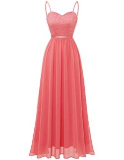 DRESSTELLS Damen Ärmellos Abendkleider Maxi Lang Ballkleid Chiffon Spitzen Brautjungfernkleider Hochzeitskleider für gäste Bodenlang Brautkleid Coral M von DRESSTELLS