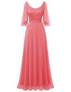 DRESSTELLS Damen Abendkleid Bodenlang Elegant für Hochzeit Chiffon Brautjungfernkleider Spitzen Cocktailkleid Große Größe Ballkleid Coral XL von DRESSTELLS