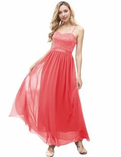 DRESSTELLS Damen Abendkleid Bodenlang Elegant für Hochzeit Chiffon Brautjungfernkleider Spitzen Cocktailkleid mit Spaghettiträgern Ärmellos Ballkleid Coral XL von DRESSTELLS