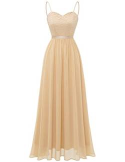 DRESSTELLS Damen Abendkleid Lang Elegant für Hochzeit Chiffon Brautjungfernkleider Bodenlang Cocktailkleid mit Spaghettiträgern Spitzen Ärmellos Ballkleid Champagne 2XL von DRESSTELLS