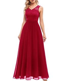 DRESSTELLS Damen Abendkleid Bodenlang Elegant für Hochzeit Chiffon Brautjungfernkleider Spitzen Cocktailkleid Ärmellos Ballkleid DarkRed XL von DRESSTELLS