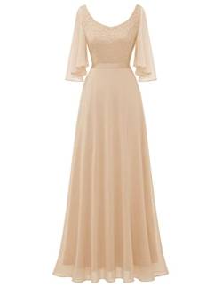 DRESSTELLS Damen Abendkleider Maxi Lang Ballkleid Chiffon Spitzen Brautjungfernkleider Hochzeitskleider für gäste Bodenlang Brautkleid Champagne M von DRESSTELLS