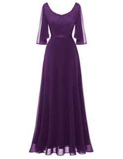 DRESSTELLS Damen Abendkleider Maxi Lang Ballkleid Chiffon Spitzen Brautjungfernkleider Hochzeitskleider für gäste Bodenlang Brautkleid Grape M von DRESSTELLS