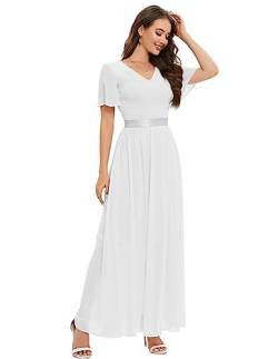 DRESSTELLS Damen Brautjungfer Kleid Lang Chiffon Abendkleid Party Cocktailkleid V-Ausschnitt Sommerkleid Weiß White XL von DRESSTELLS