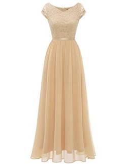 DRESSTELLS Damen Cocktail-Party-Kleid Abendkleider Lang Chiffon Brautjungfernkleider Hochzeitskleid Spitzenkleider Champagne M von DRESSTELLS