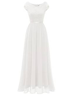 DRESSTELLS Damen Cocktail-Party-Kleid Abendkleider Lang Chiffon Brautjungfernkleider Hochzeitskleid Spitzenkleider White M von DRESSTELLS