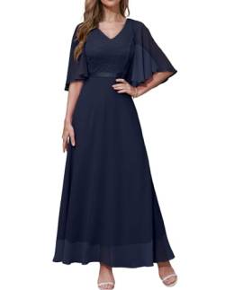 DRESSTELLS Damen Cocktailkleider Lang A-Linie Kurze Ärmel Abendkleid V-Ausschnitt Chiffon Ballkleid Navy S von DRESSTELLS