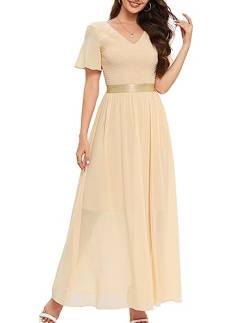 DRESSTELLS Damen Elegant Abendkleider Hochzeit V-Ausschnitt Cocktailkleid Maxi Brautjunferkleid Champagne M von DRESSTELLS