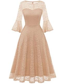 DRESSTELLS Damen Elegant Cocktailkleid 3/4 Ärmel Hochzeit Party Brautjungfernkleid Abendkleid Spitzenkleid Champagne L von DRESSTELLS