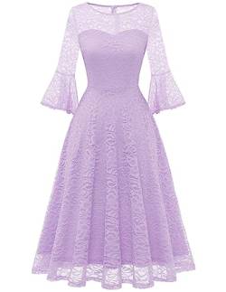 DRESSTELLS Damen Elegant Cocktailkleid 3/4 Ärmel Hochzeit U-Ausschnitt Abendkleid Spitzenkleid Brautjungfernkleid Lavender S von DRESSTELLS