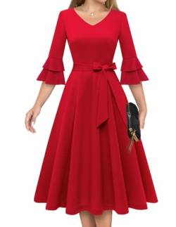 DRESSTELLS Damen Elegant Cocktailkleid Formal Hochzeitsgast Langarm Abendkleid 50er Jahre Rockability Kleider Red M von DRESSTELLS