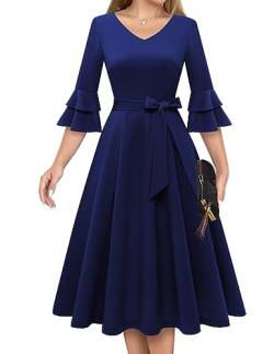 DRESSTELLS Damen Elegant Cocktailkleid Langarm Brautjungfernkleid Klassisch und vielseitig Stil 50er Jahre Kleider für Frauen Vintage Homecoming Ballkleid für Teens Navy L von DRESSTELLS