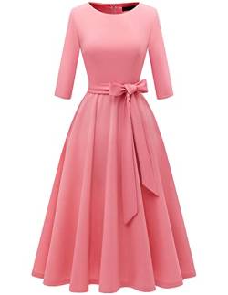 DRESSTELLS Damen Elegant Cocktailkleid Langarm Festlich Kleider Brautmutterkleid mit Gurtel Retro Faltenrock Knielang Midilang A-Linie Abendkleid Peach XL von DRESSTELLS