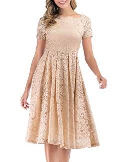 DRESSTELLS Damen Elegant FüR Hochzeit A Linie Spitzenkleid, Cocktailkleider Festlich, Knielang Abendkleider, Schulterfrei Abendkleider, kurzärmelig Swing Faltenrock, Champagne L von DRESSTELLS