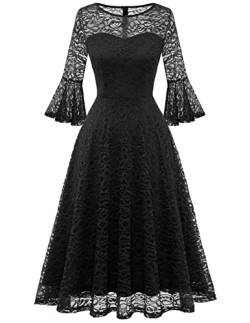 DRESSTELLS Damen Elegant Kleid Cocktailkleid 3/4 Ärmel Hochzeit Party Midikleid Rundhals Knielang Abendkleid Konfirmationskleid Black M von DRESSTELLS