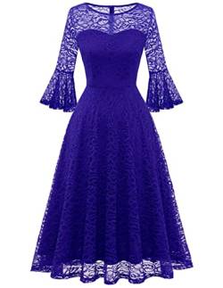 DRESSTELLS Damen Elegant Kleid Cocktailkleid 3/4 Ärmel Hochzeit Party Midikleid Rundhals Knielang Abendkleid Konfirmationskleid Royal Blue M von DRESSTELLS