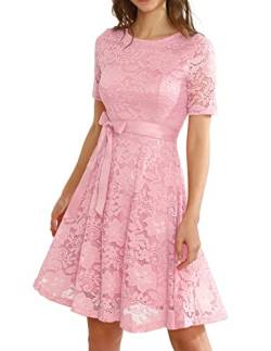 DRESSTELLS Damen Elegant Kleid Rundhals Spitze Cocktailkleid Kurzarm Swing A-Linie Partykleid Knielang Hochzeitsgastkleid Midikleid Pink M von DRESSTELLS