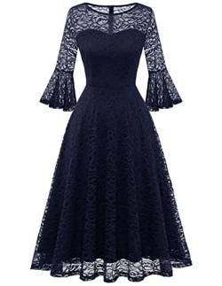 DRESSTELLS Damen Elegant Spitzen Cocktailkleid 3/4 Ärmel Hochzeit Party Midi Abendkleid Konfirmationskleider Navy M von DRESSTELLS