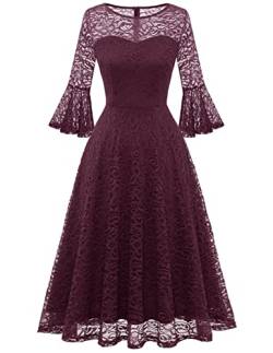 DRESSTELLS Damen Elegant Spizten Cocktailkleid 3/4 Ärmel Hochzeit Brautjungfernkleid Abendkleid Rundhals Knielang Abendkleid Burgundy 3XL von DRESSTELLS