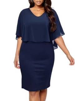 DRESSTELLS Damen Etuikleid Größe Abendkleid Chiffon Cape Elegant Cocktailkleid Hochzeit Bodycon V-Ausschnitt Knielang A-Linie Sommer Kleid Navy M von DRESSTELLS