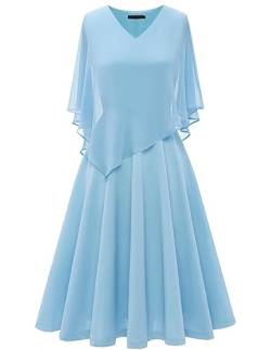 DRESSTELLS Damen Festliche Kleider Abendkleid übergröße Chiffon Cape Elegant Cocktailkleid Hochzeit V-Ausschnitt Knielang A-Linie Große Größe Kleid Blue 3XL von DRESSTELLS