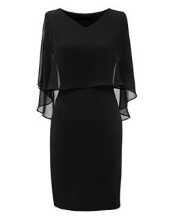 DRESSTELLS Damen Festliche Kleider Bodyconkleid Große Größe Chiffon Cape Elegant Cocktailkleid Hochzeit V-Ausschnitt Knielang A-Linie Sommer Kleid Black XL von DRESSTELLS