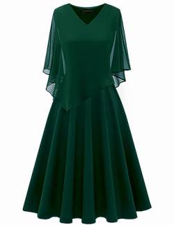 DRESSTELLS Damen Festliche Kleider für Frauen Große Größe Chiffon Cape Elegant Cocktailkleid Hochzeit V-Ausschnitt Knielang A-Linie Sommer Kleid Dark Green 3XL von DRESSTELLS