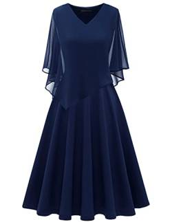 DRESSTELLS Damen Festliche Kleider für Frauen Große Größe Chiffon Cape Elegant Cocktailkleid Hochzeit V-Ausschnitt Knielang A-Linie Sommer Kleid Navy 16PLUS von DRESSTELLS