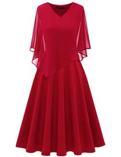 DRESSTELLS Damen Festliche Kleider für Frauen Große Größe Chiffon Cape Elegant Cocktailkleid Hochzeit V-Ausschnitt Knielang A-Linie Sommer Kleid Red XL von DRESSTELLS