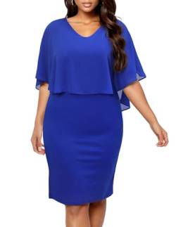 DRESSTELLS Damen Festliche Kleider für Frauen Große Größe Chiffon Cape Elegant Cocktailkleid Hochzeit V-Ausschnitt Knielang A-Linie Sommer Kleid Royal Blue 3XL von DRESSTELLS