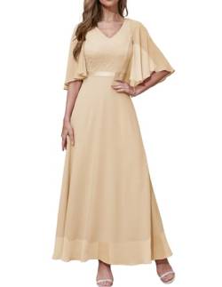 DRESSTELLS Damen Formelle Kleider Hochzeitsgast Chiffon Cape Ärmel Brautjungfer Kleider Abendkleider Champagne 3XL von DRESSTELLS