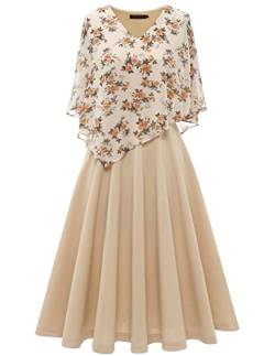 DRESSTELLS Damen Große Größe Abendkleid Chiffon Cape Elegant Jugendweihe Kleider Hochzeit V-Ausschnitt Knielang A-Linie Sommer Cocktailkleideid Apricot Flower M von DRESSTELLS