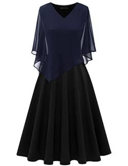 DRESSTELLS Damen Große Größe Abendkleid Chiffon Cape Elegant Jugendweihe Kleider Hochzeit V-Ausschnitt Knielang A-Linie Sommer Cocktailkleideid Navy Black M von DRESSTELLS