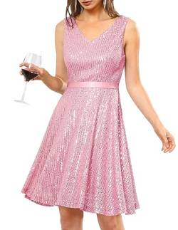 DRESSTELLS Damen Paillettenkleid Knielang Elegant für Hochzeit Brautjungfernkleider Cocktailkleid mit V-Ausschnitt Ärmellos Ballkleid Pink 3XL von DRESSTELLS