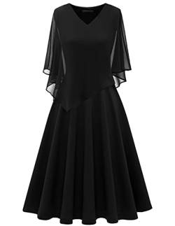 DRESSTELLS Damen Plus Größe Abendkleid Chiffon Cape Elegant Cocktailkleid Hochzeit V-Ausschnitt Knielang A-Linie Sommer Kleid Black 3XL von DRESSTELLS